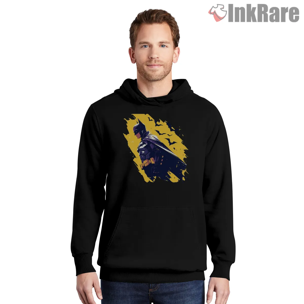 Side View Midnight Patrol Batman Shirt on black hoodie for men graphic tee