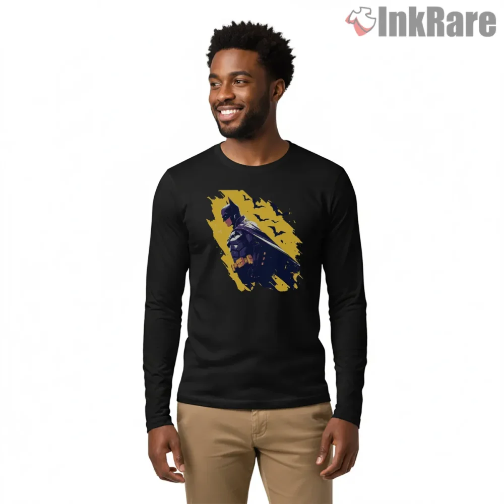 Side View Midnight Patrol Batman Shirt on black long sleeve shirt for men graphic tee