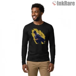 Side View Midnight Patrol Batman Shirt on black long sleeve shirt for men graphic tee