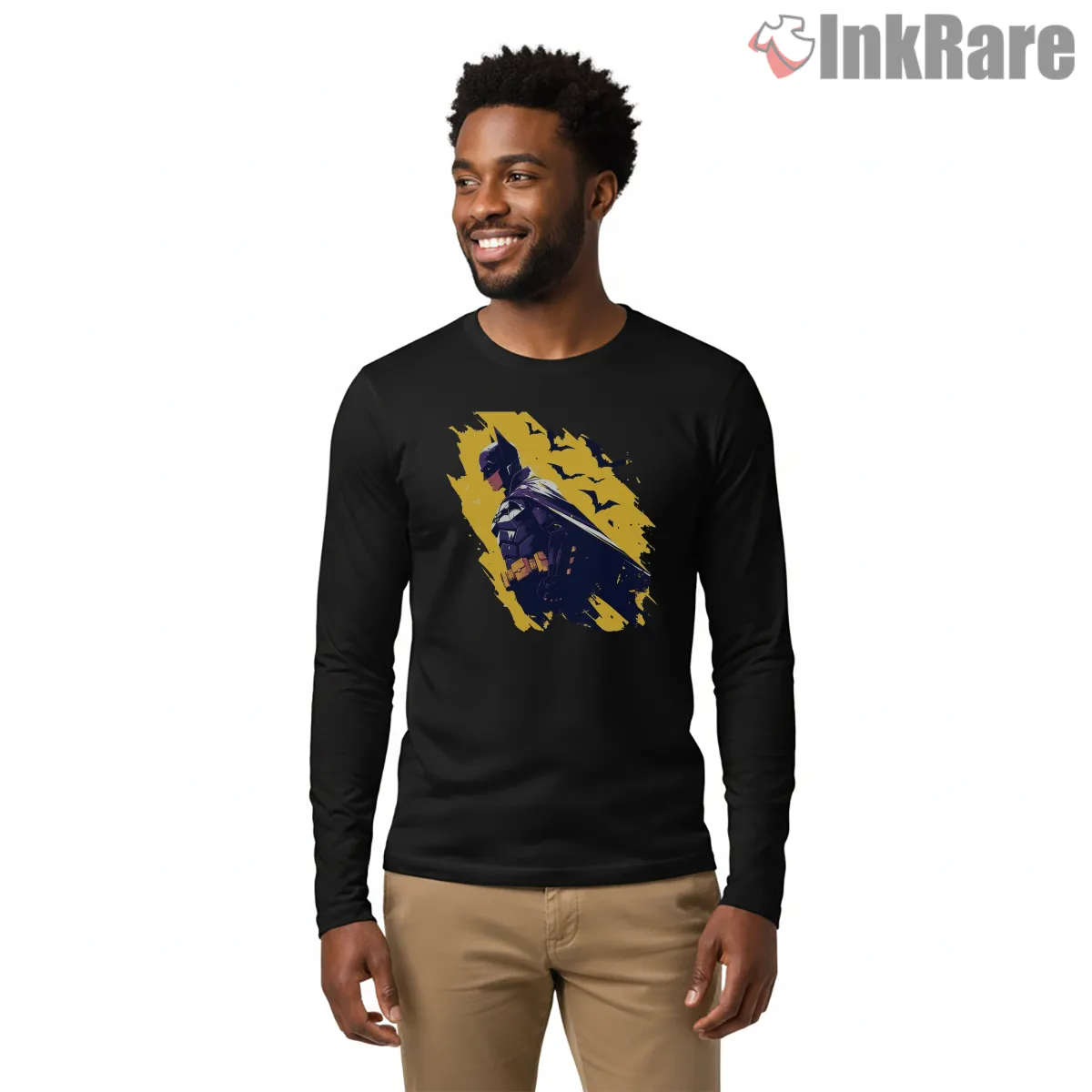 Side View Midnight Patrol Batman Long Sleeve Black Side View Midnight Patrol Batman Shirt on black long sleeve shirt for men graphic tee