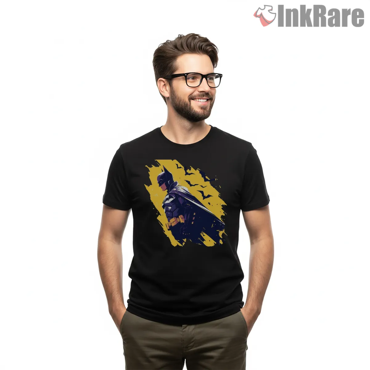 Side View Midnight Patrol Batman Short Sleeve Black Side View Midnight Patrol Batman Shirt on black short sleeve shirt for men graphic tee