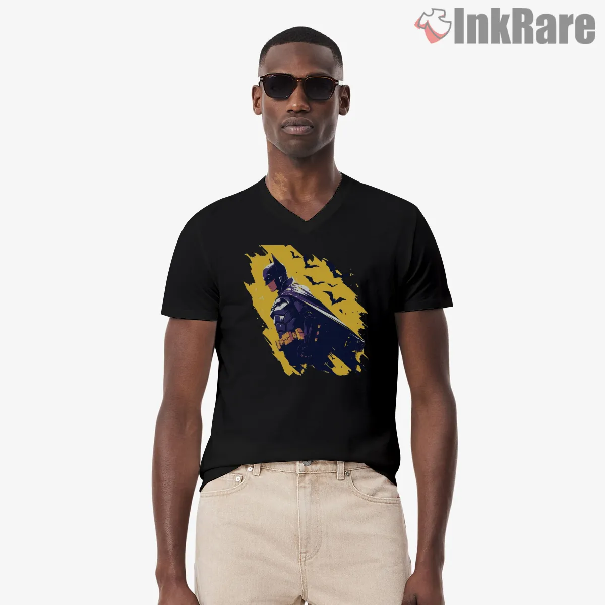 Side View Midnight Patrol Batman V Neck Black Side View Midnight Patrol Batman Shirt on black v-neck shirt for men graphic tee