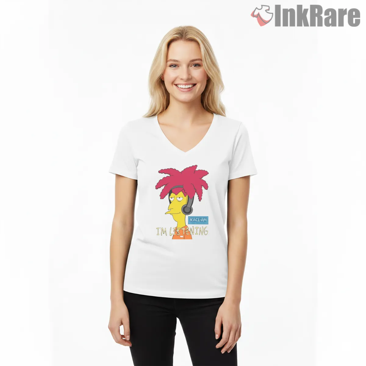 Sideshow Bob Frasier Im Listening Tv Crossover V Neck White Sideshow Bob Frasier Im Listening Tv Crossover Shirt on white v-neck shirt for women graphic tee
