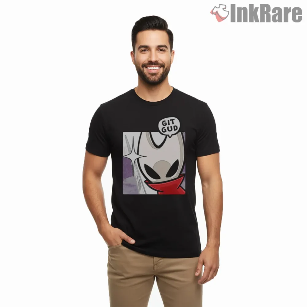Silksong Cute Hornet Git Gud Meme Shirt on black short sleeve shirt for men graphic tee