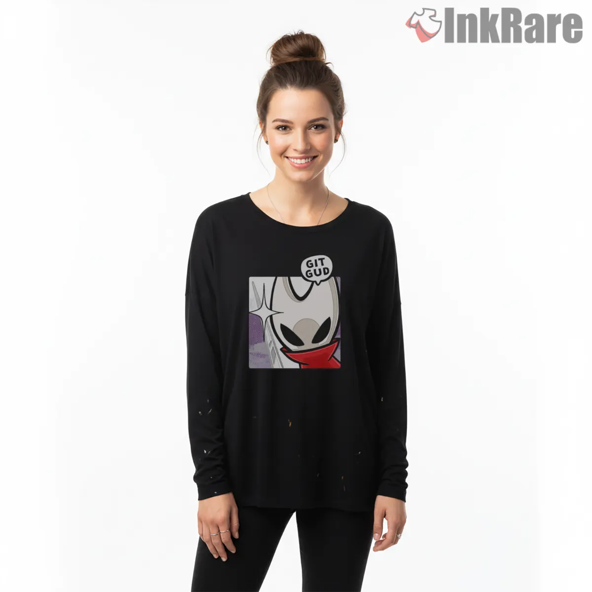 Silksong Cute Hornet Git Gud Meme Shirt on black long sleeve shirt for women graphic tee