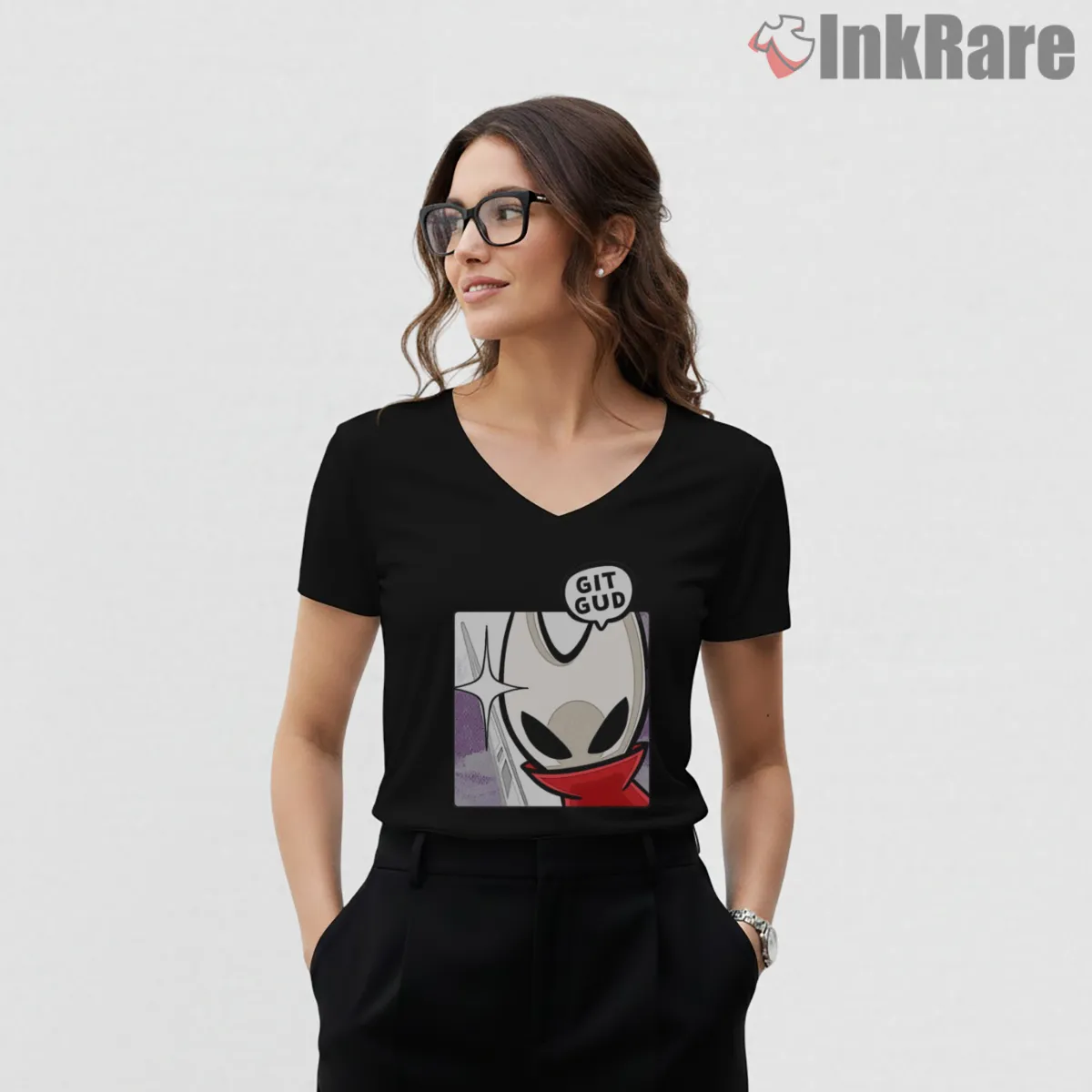 Silksong Cute Hornet Git Gud Meme V Neck Black Silksong Cute Hornet Git Gud Meme Shirt on black v-neck shirt for women graphic tee
