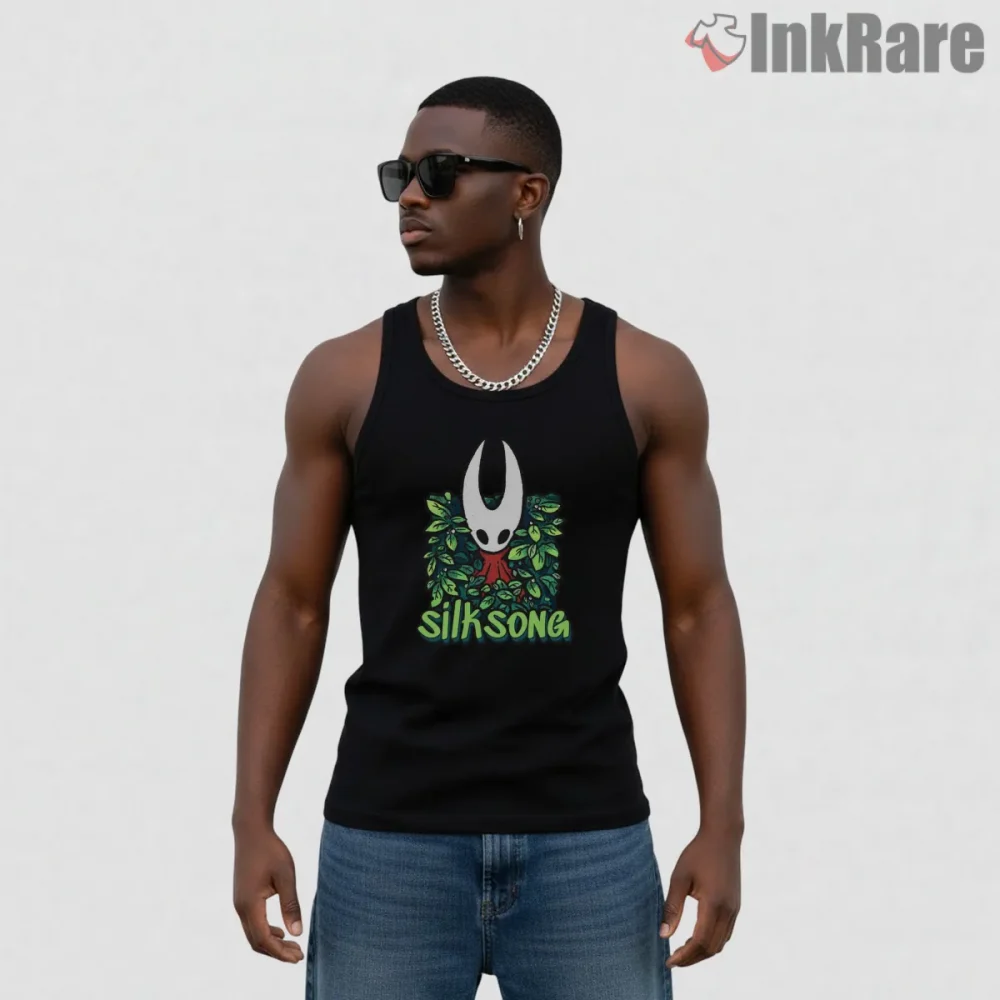 Silksong Green Leaf Minimal Hornet Shirt on black tank top for men graphic tee