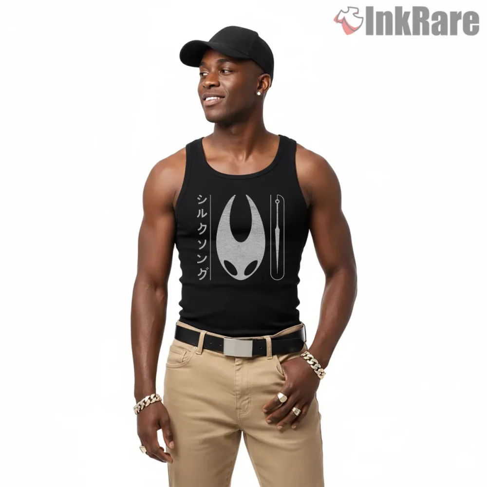 Silksong Japanese Minimal Mask Graphic Shirt on black tank top for men graphic tee