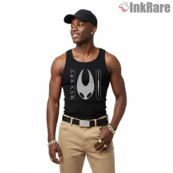 Silksong Japanese Minimal Mask Graphic Shirt on black tank top for men graphic tee
