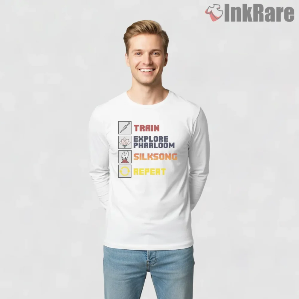 Silksong Train Explore Pharloom Repeat Gamer Shirt on white long sleeve shirt for men graphic tee