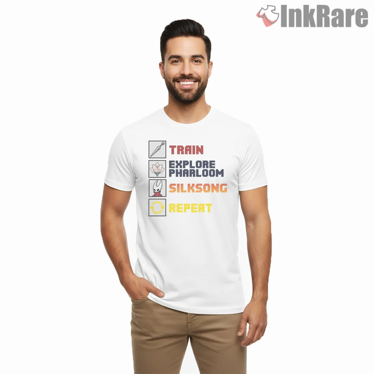 Silksong Train Explore Pharloom Repeat Gamer Shirt on white short sleeve shirt for men graphic tee
