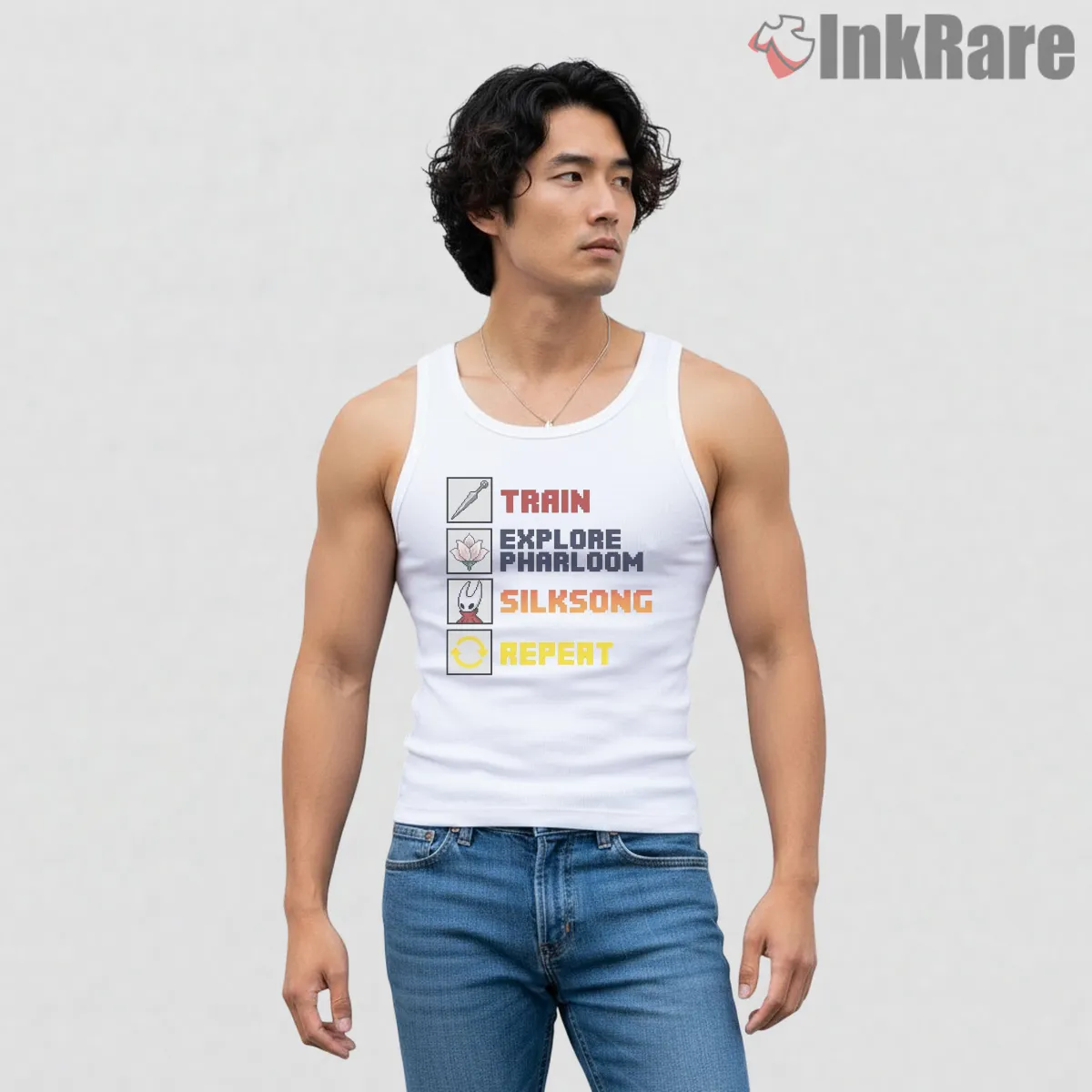 Silksong Train Explore Pharloom Repeat Gamer Tank Top White Silksong Train Explore Pharloom Repeat Gamer Shirt on white tank top for men graphic tee