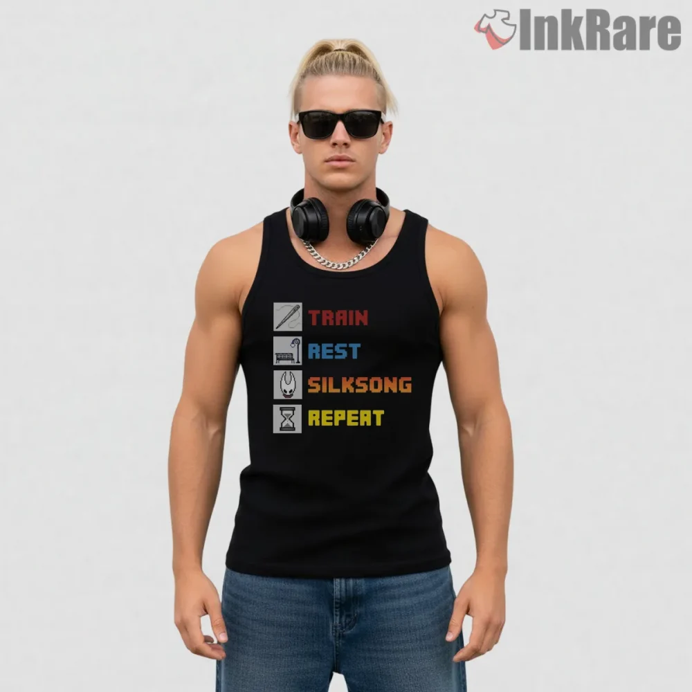 Silksong Train Rest Repeat Gamer Routine Shirt on black tank top for men graphic tee