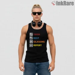 Silksong Train Rest Repeat Gamer Routine Shirt on black tank top for men graphic tee