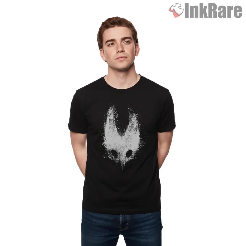 Silksong White Void Mask Distressed Minimal Shirt on black short sleeve shirt for men graphic tee