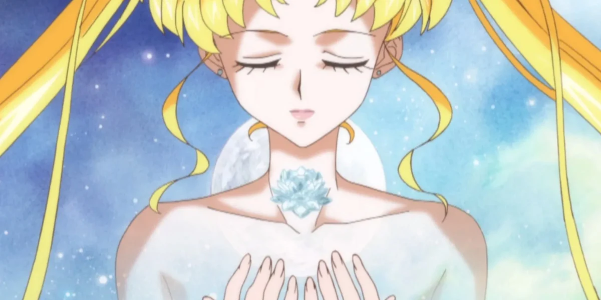 Sailor Moon holding the Silver Crystal at her heart symbolizing emotional and cosmic balance