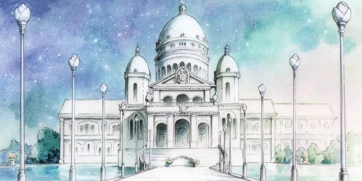 Silver Millennium Moon Kingdom palace in Sailor Moon representing the celestial royal architecture of the Moon Kingdom