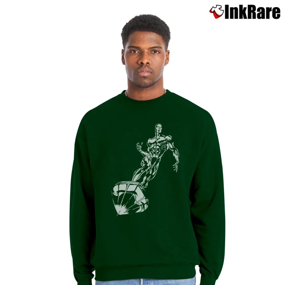 Men’s Silver Surfer Avengers Fantastic Four Marvel Superhero Crewneck Sweatshirt in forest green | Cozy Fabric, Clean Style
