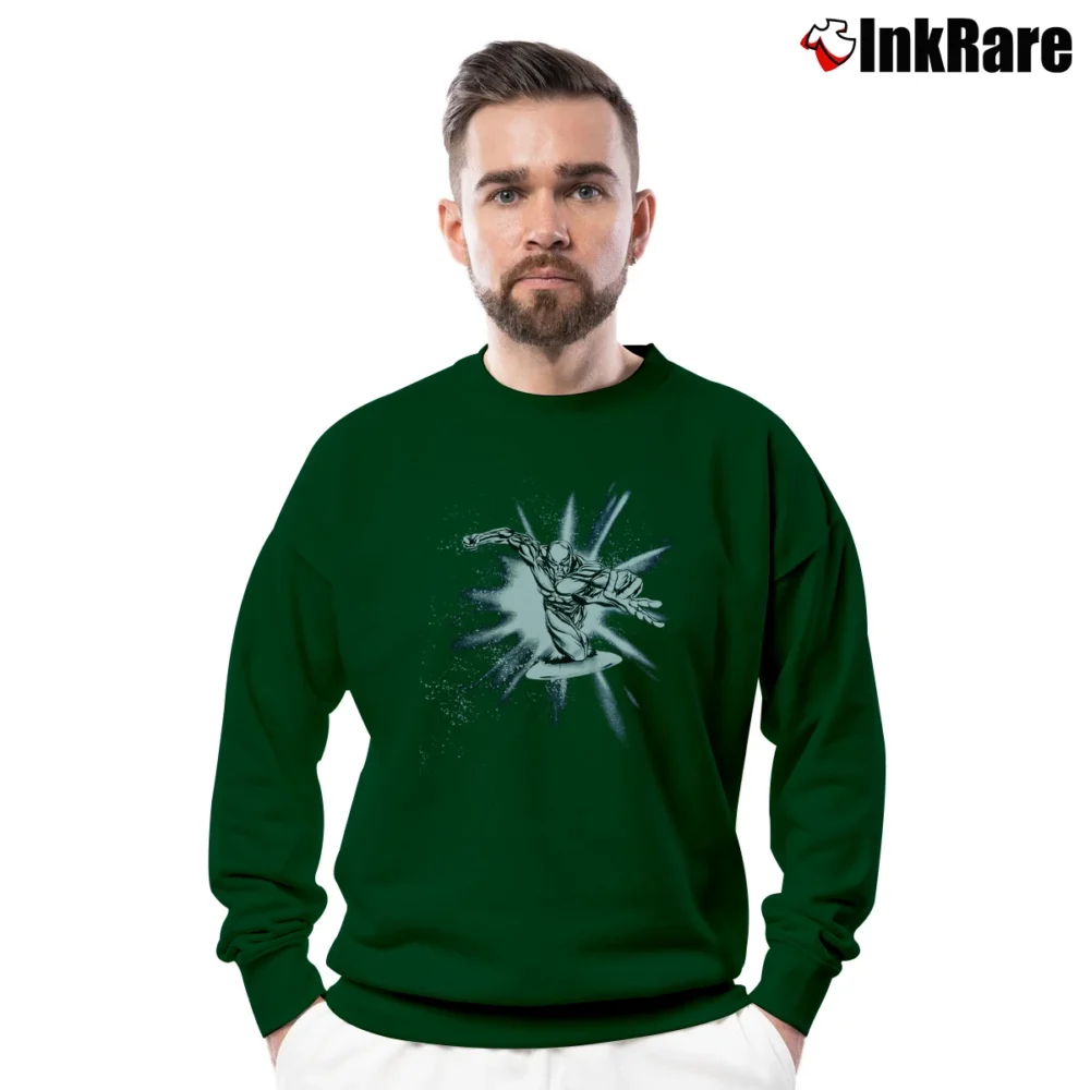 Men’s Silver Surfer Marvel Classic Crewneck Sweatshirt in forest green | Cozy Fabric, Clean Style