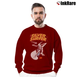 Men’s Silver Surfer Marvel Comics Graphic Crewneck Sweatshirt in maroon | Cozy Fabric, Clean Style