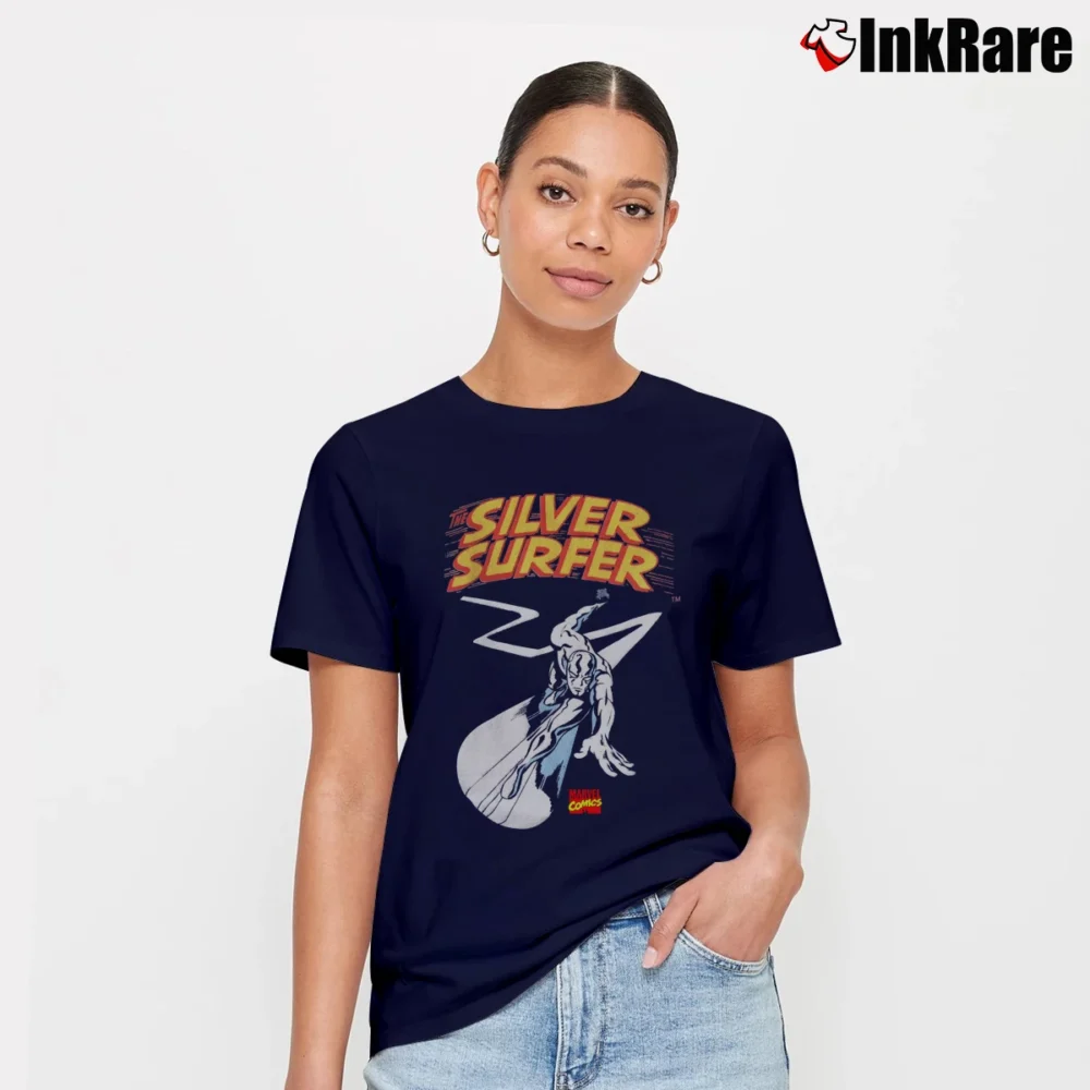 Women’s Silver Surfer Marvel Comics Graphic Signature T-Shirt in navy | Soft, Flattering Fit