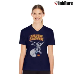 Women’s Silver Surfer Marvel Comics Graphic V-Neck Tee in navy | Chic Neckline, Soft Texture