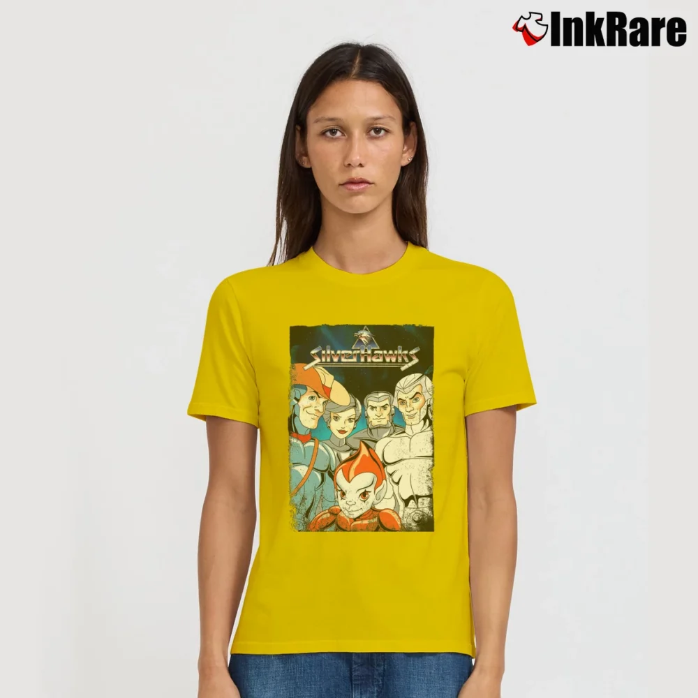 Women’s Silverhawks Retro Cartoon Superhero Signature T-Shirt in yellow | Soft, Flattering Fit