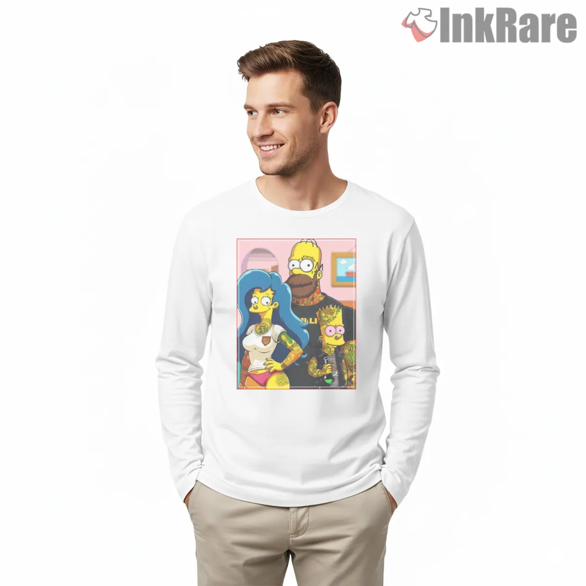 Simpson Familia Tattoo Style Crossover Portrait Long Sleeve White Simpson Familia Tattoo Style Crossover Portrait Shirt on white long sleeve shirt for men graphic tee
