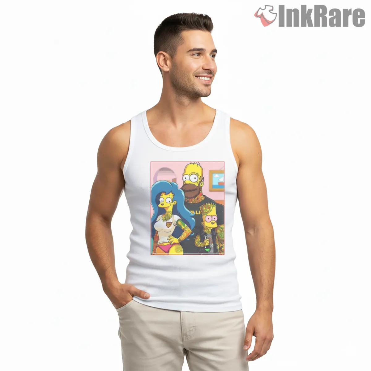 Simpson Familia Tattoo Style Crossover Portrait Tank Top White Simpson Familia Tattoo Style Crossover Portrait Shirt on white tank top for men graphic tee