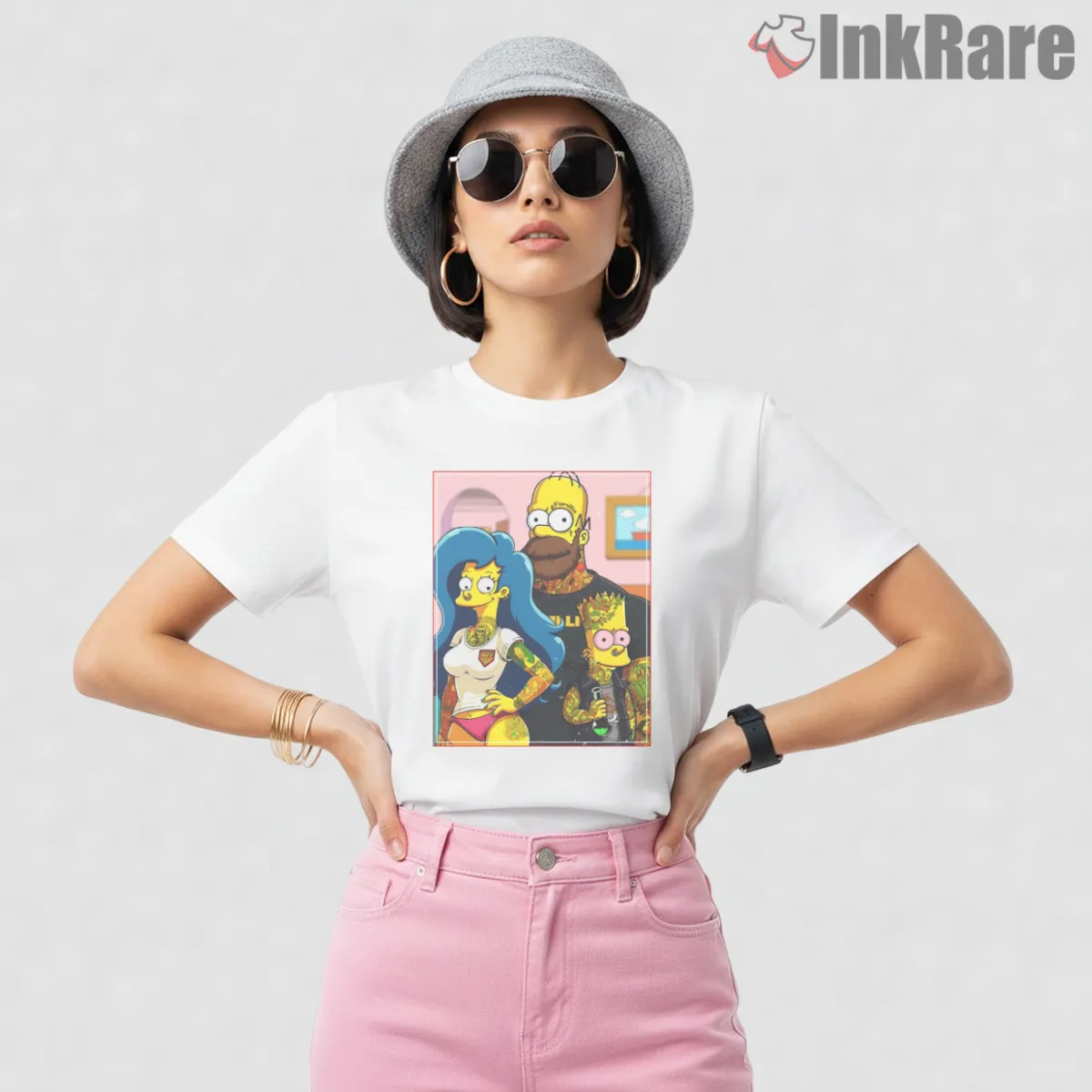Simpson Familia Tattoo Style Crossover Portrait Short Sleeve White Simpson Familia Tattoo Style Crossover Portrait Shirt on white short sleeve shirt for women graphic tee