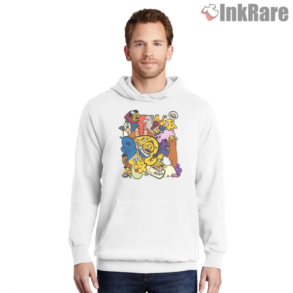 Simpsons Bootleg Style Cartoon Crowd Collage Shirt on white hoodie for men graphic tee