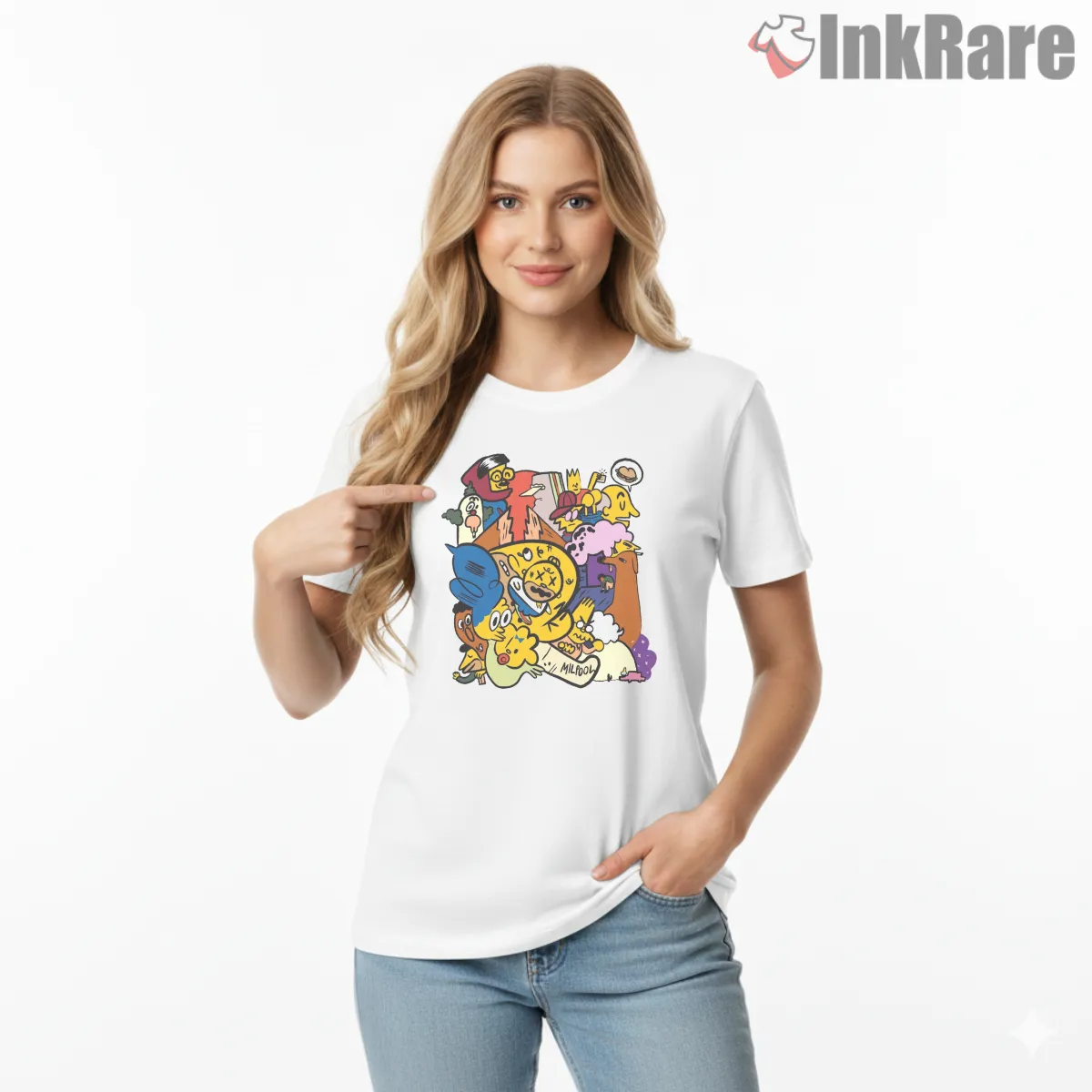 Simpsons Bootleg Style Cartoon Crowd Collage Shirt on white short sleeve shirt for women graphic tee
