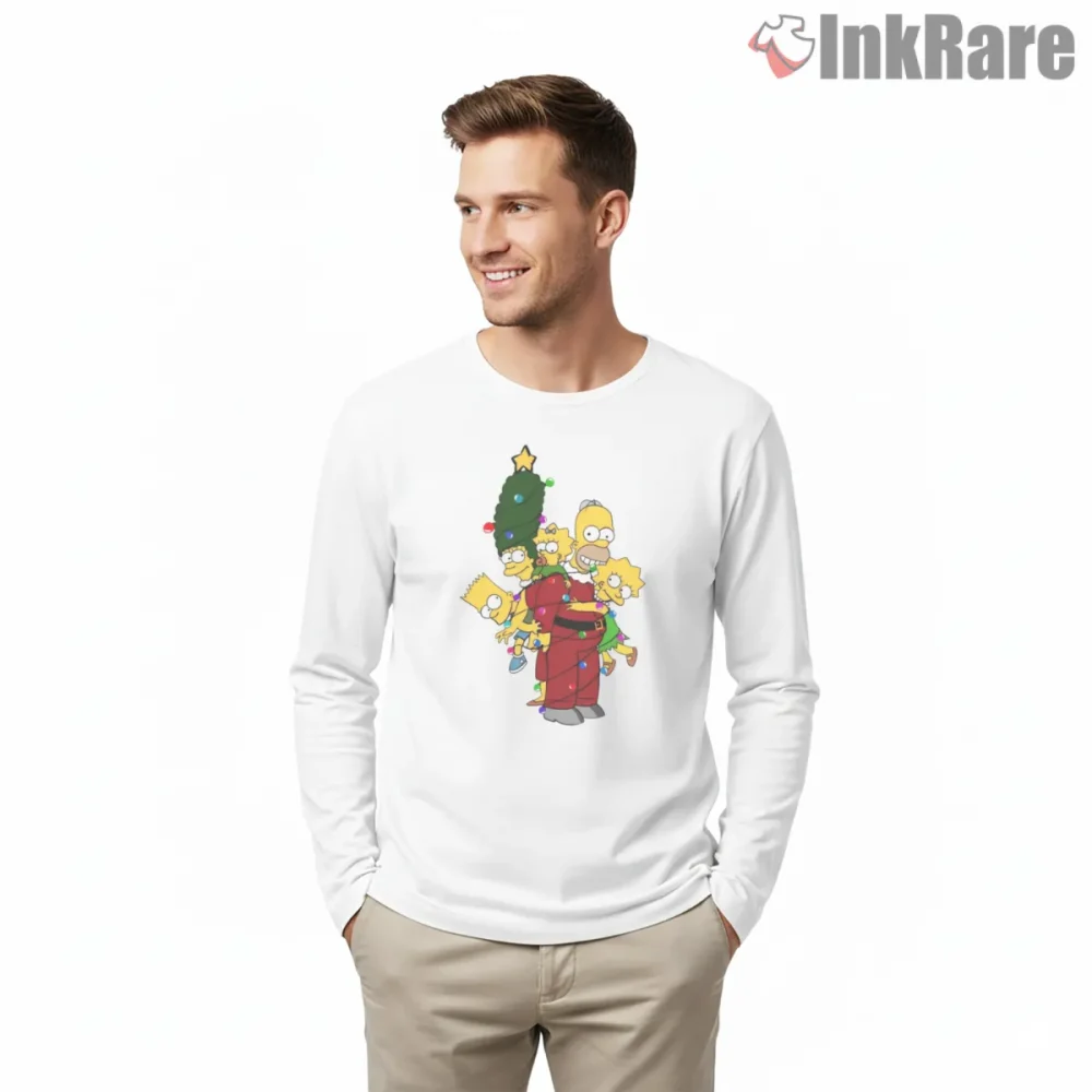 Simpsons Christmas Chaos Family Cartoon Scene Shirt on white long sleeve shirt for men graphic tee