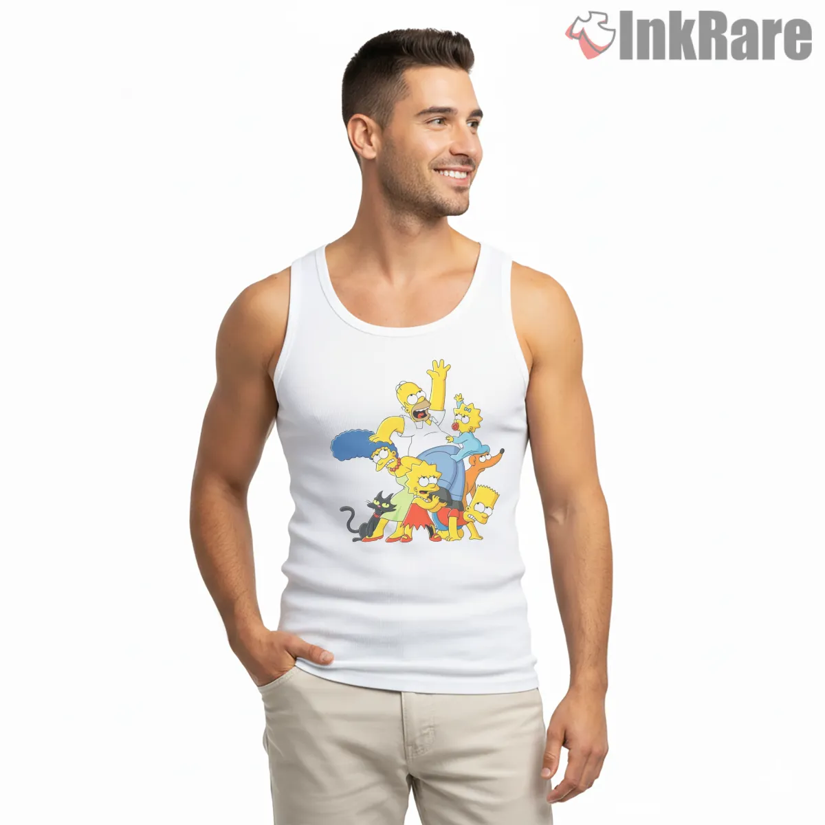 Simpsons Family Pyramid Chaos Stack Cartoon Tank Top White Simpsons Family Pyramid Chaos Stack Cartoon Shirt on white tank top for men graphic tee
