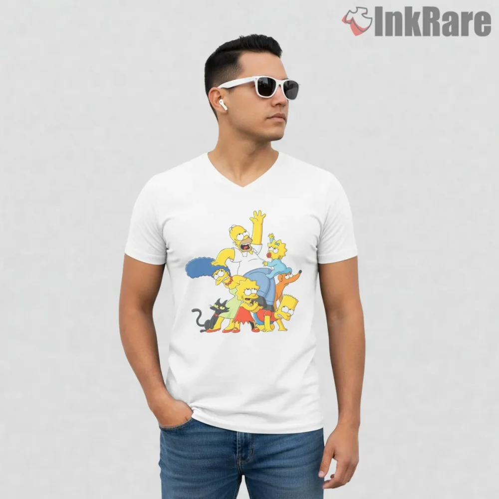 Simpsons Family Pyramid Chaos Stack Cartoon Shirt on white v-neck shirt for men graphic tee