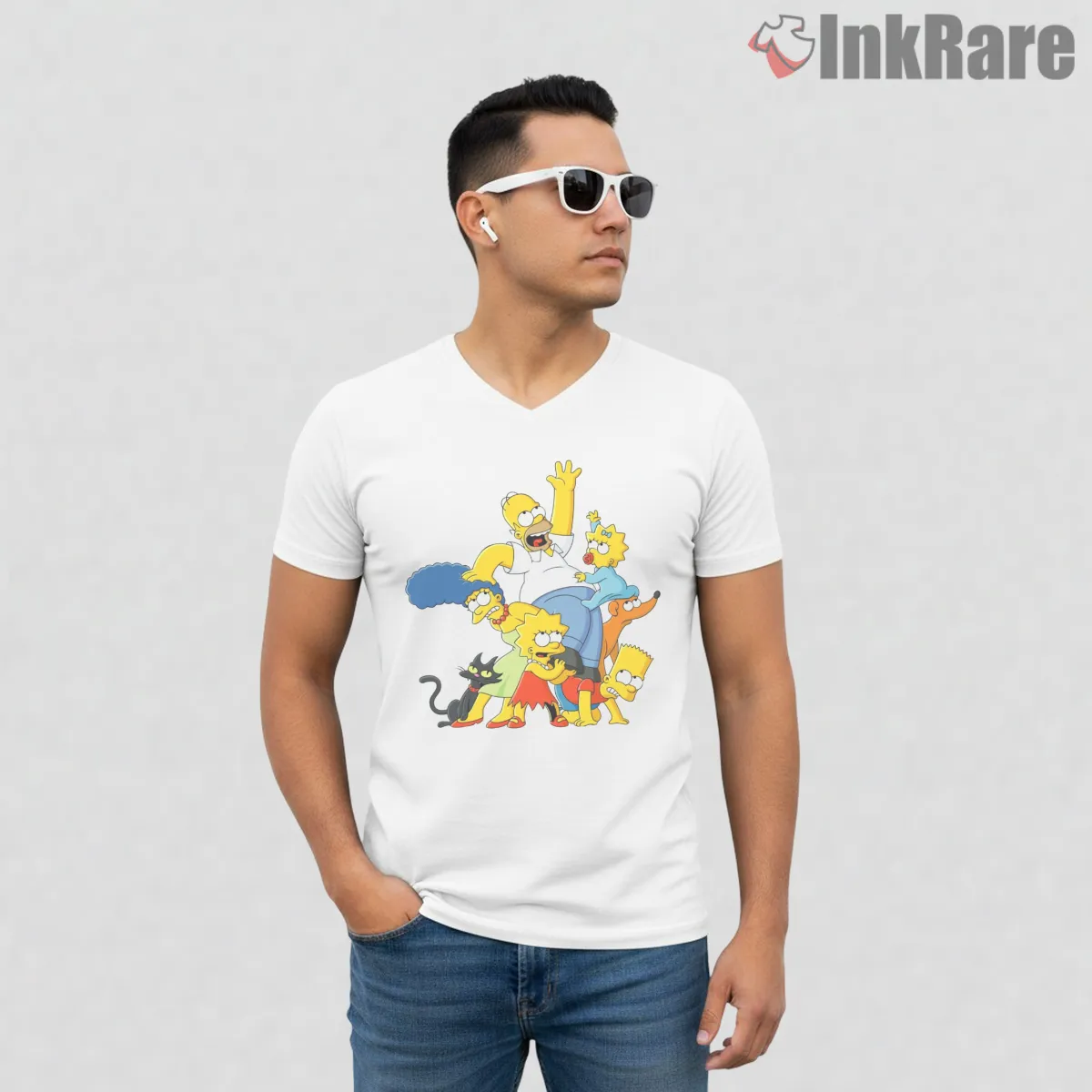 Simpsons Family Pyramid Chaos Stack Cartoon V Neck White Simpsons Family Pyramid Chaos Stack Cartoon Shirt on white v-neck shirt for men graphic tee