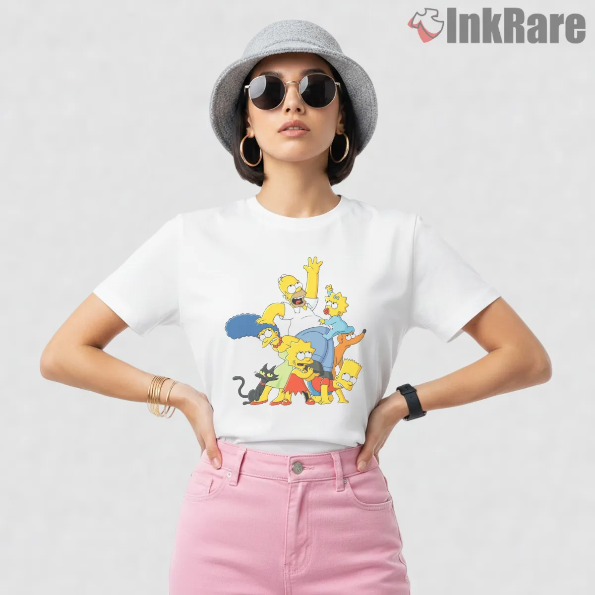 Simpsons Family Pyramid Chaos Stack Cartoon Short Sleeve White Simpsons Family Pyramid Chaos Stack Cartoon Shirt on white short sleeve shirt for women graphic tee
