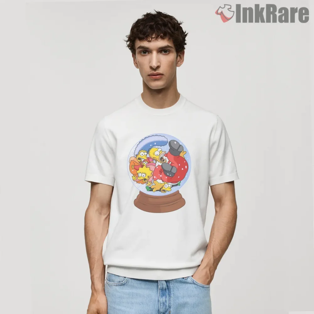Simpsons Family Snow Globe Chaos Winter Scene Shirt on white short sleeve shirt for men graphic tee