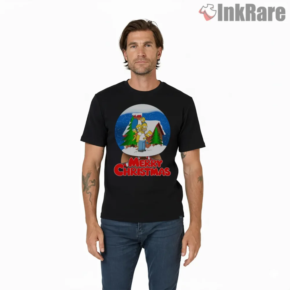 Simpsons Family Snow Globe Merry Christmas Cartoon Shirt on black short sleeve shirt for men graphic tee