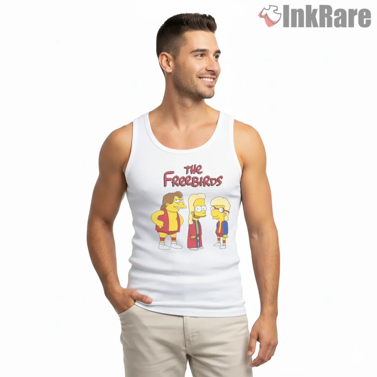 Simpsons Freebirds Wrestling Parody Trio Cartoon Tank Top White Simpsons Freebirds Wrestling Parody Trio Cartoon Shirt on white tank top for men graphic tee