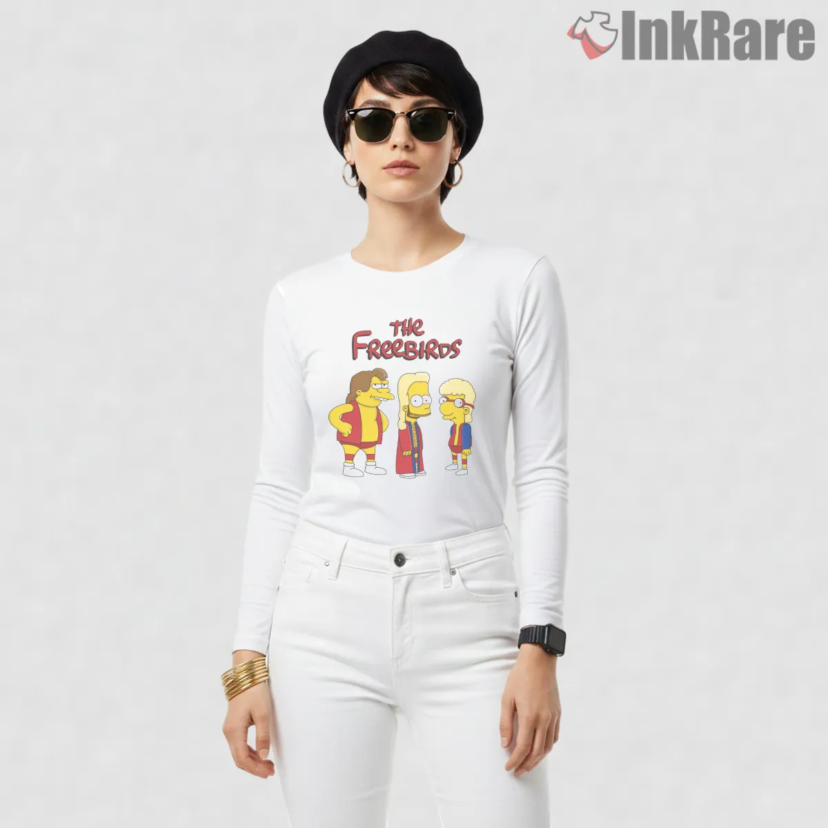 Simpsons Freebirds Wrestling Parody Trio Cartoon Long Sleeve White Simpsons Freebirds Wrestling Parody Trio Cartoon Shirt on white long sleeve shirt for women graphic tee