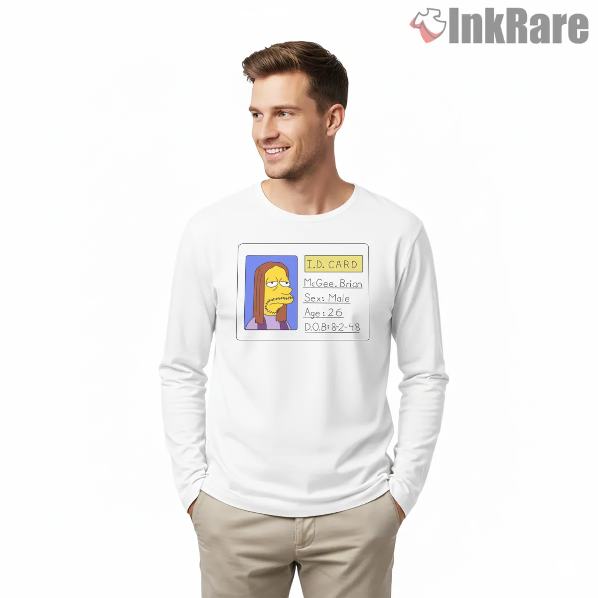 Simpsons Id Card When I Was 17 Character Joke Long Sleeve White Simpsons Id Card When I Was 17 Character Joke Shirt on white long sleeve shirt for men graphic tee