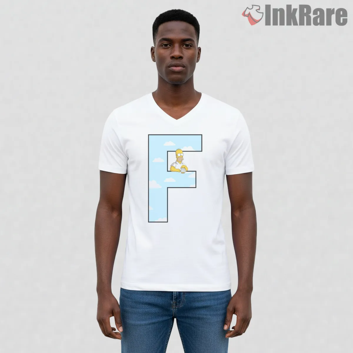 Simpsons Letter Minimal Sky Texture Cartoon V Neck White Simpsons Letter Minimal Sky Texture Cartoon Shirt on white v-neck shirt for men graphic tee