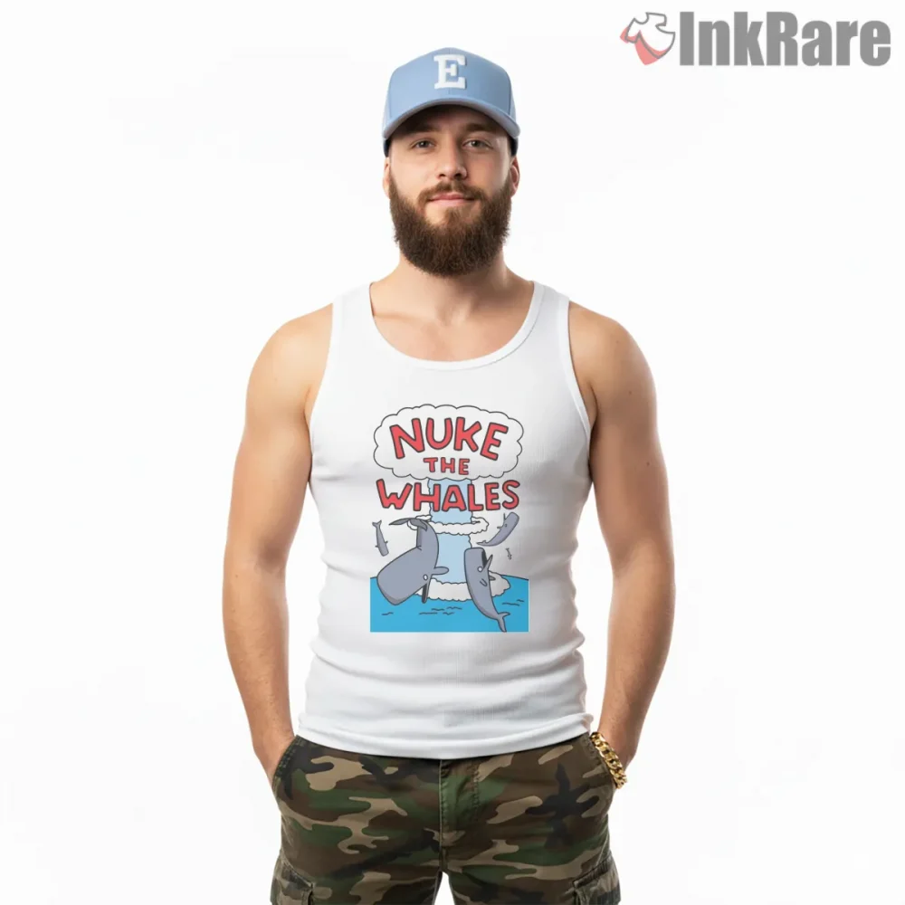 Simpsons Nuke The Whales Dark Humor Parody Shirt on white tank top for men graphic tee