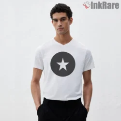 Single Star Dragon Ball Bold Emblem Shirt on white v-neck shirt for men graphic tee