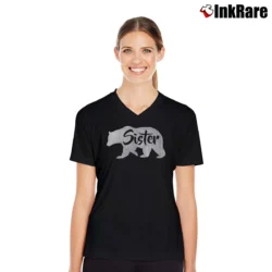 Women’s Sister Bear Cool Outdoors Family V-Neck Tee in black | Chic Neckline, Soft Texture