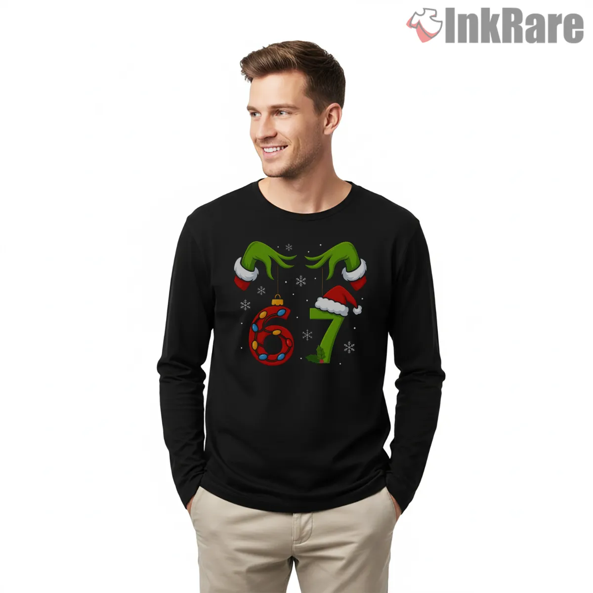 Six Seven Grinch Hands Meme Christmas Shirt on black long sleeve shirt for men graphic tee