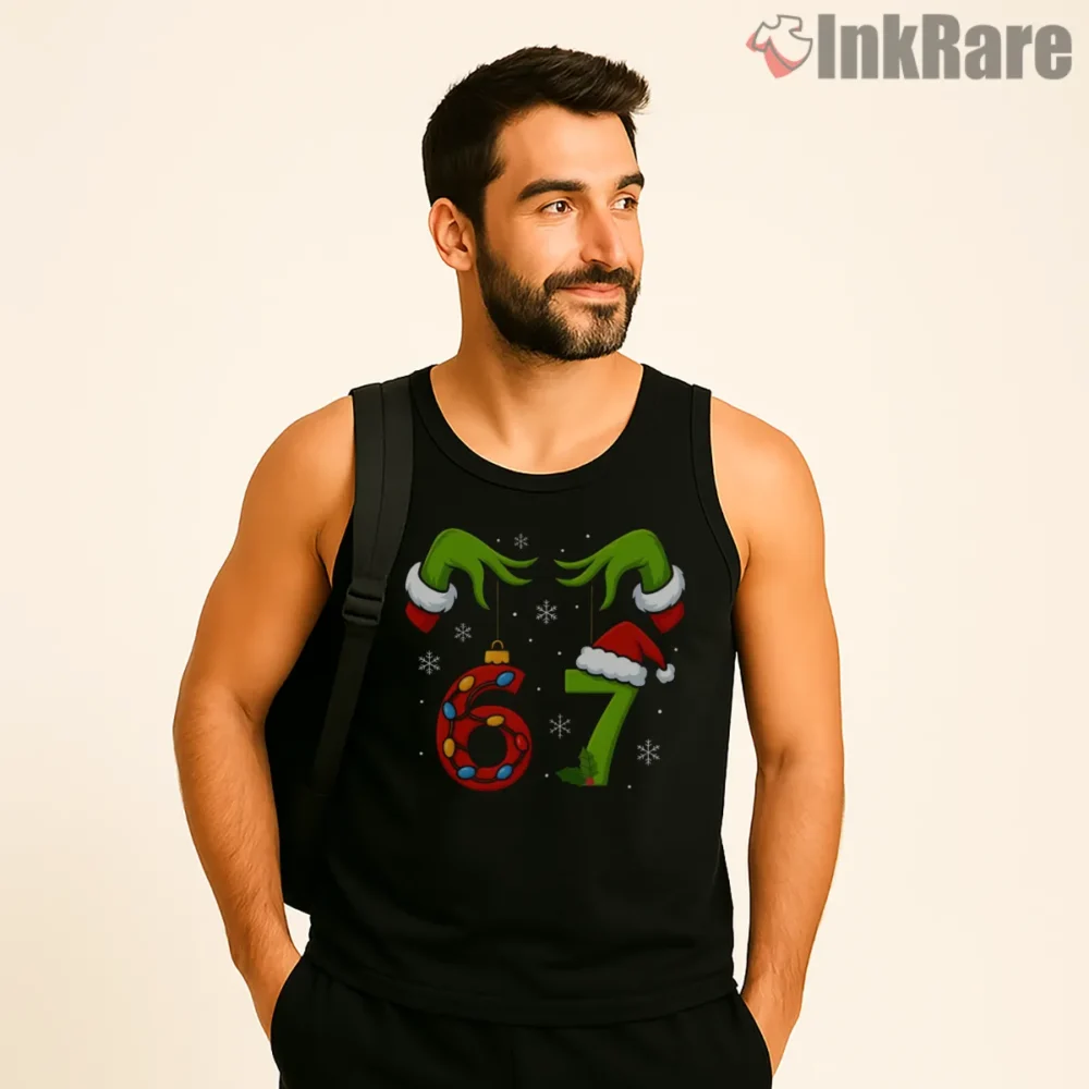 Six Seven Grinch Hands Meme Christmas Shirt on black tank top for men graphic tee