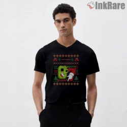 Six Seven Meme Ugly Sweater Grinch Santa Shirt on black v-neck shirt for men graphic tee