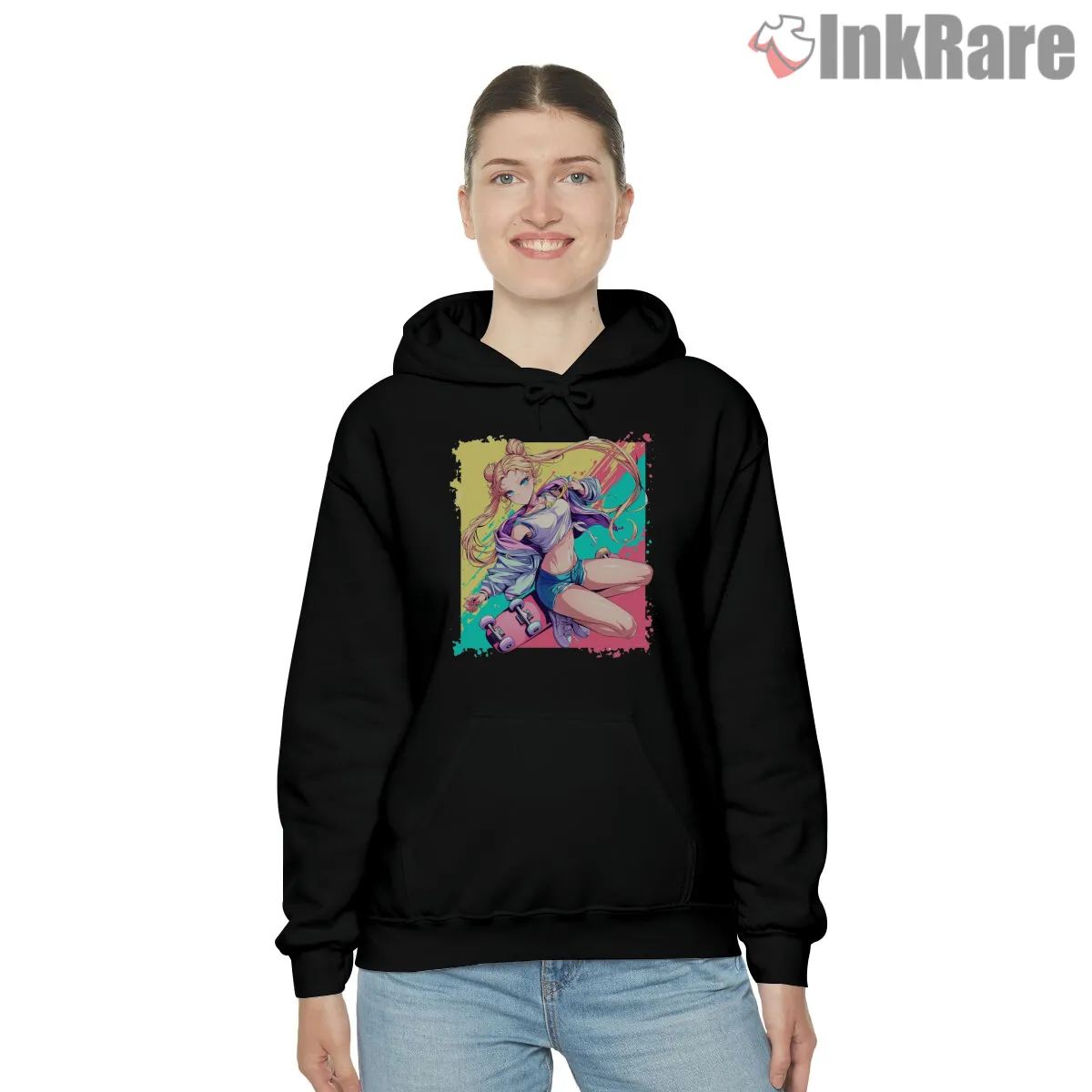 Skate Style Sailor Moon Youth Street Shirt on black hoodie for women graphic tee